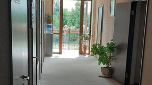 Un pasillo con puertas a ambos lados, una planta en maceta y un letrero que indica la salida.