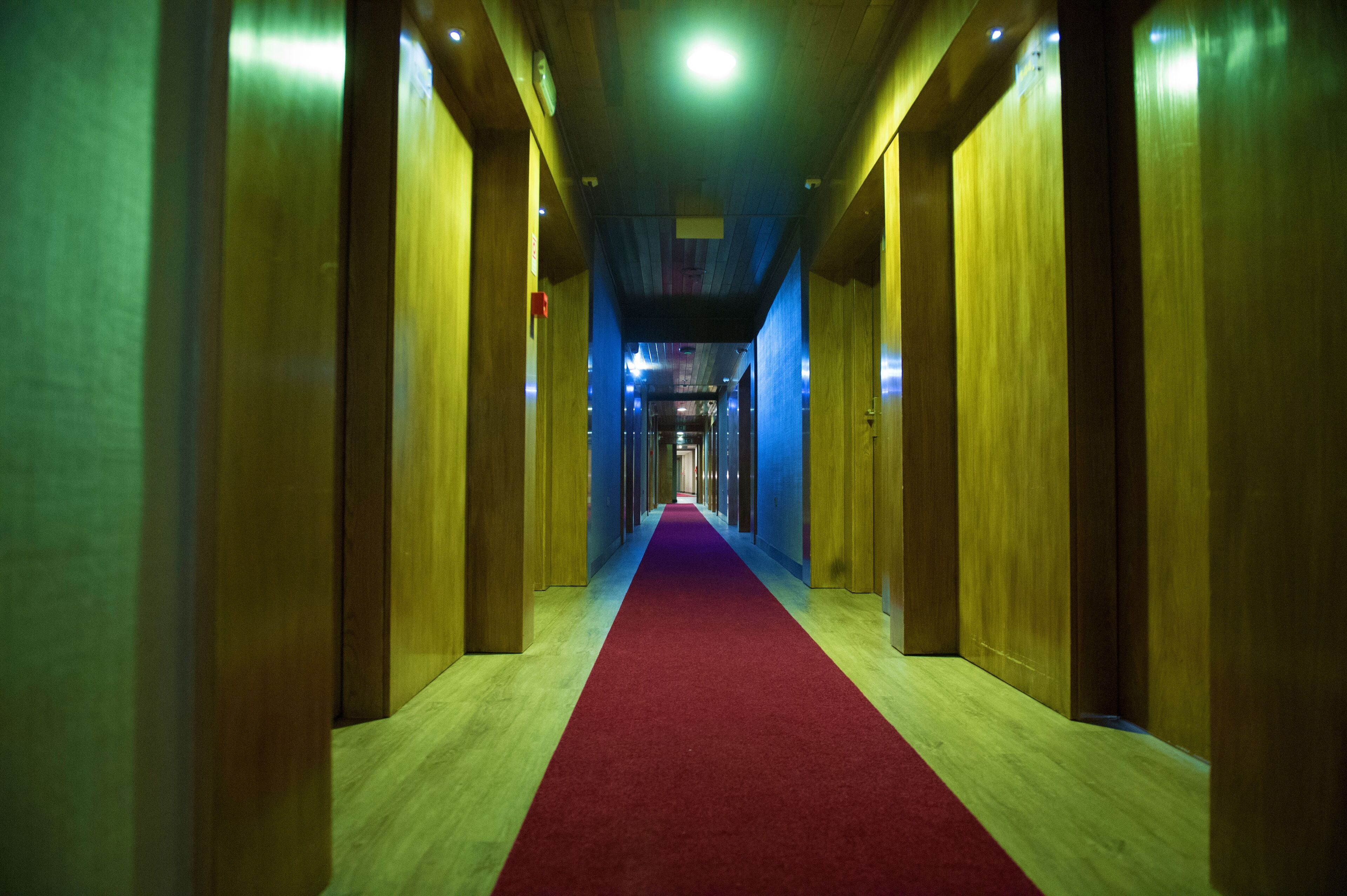 Un pasillo largo y estrecho con paredes de madera y alfombra roja.