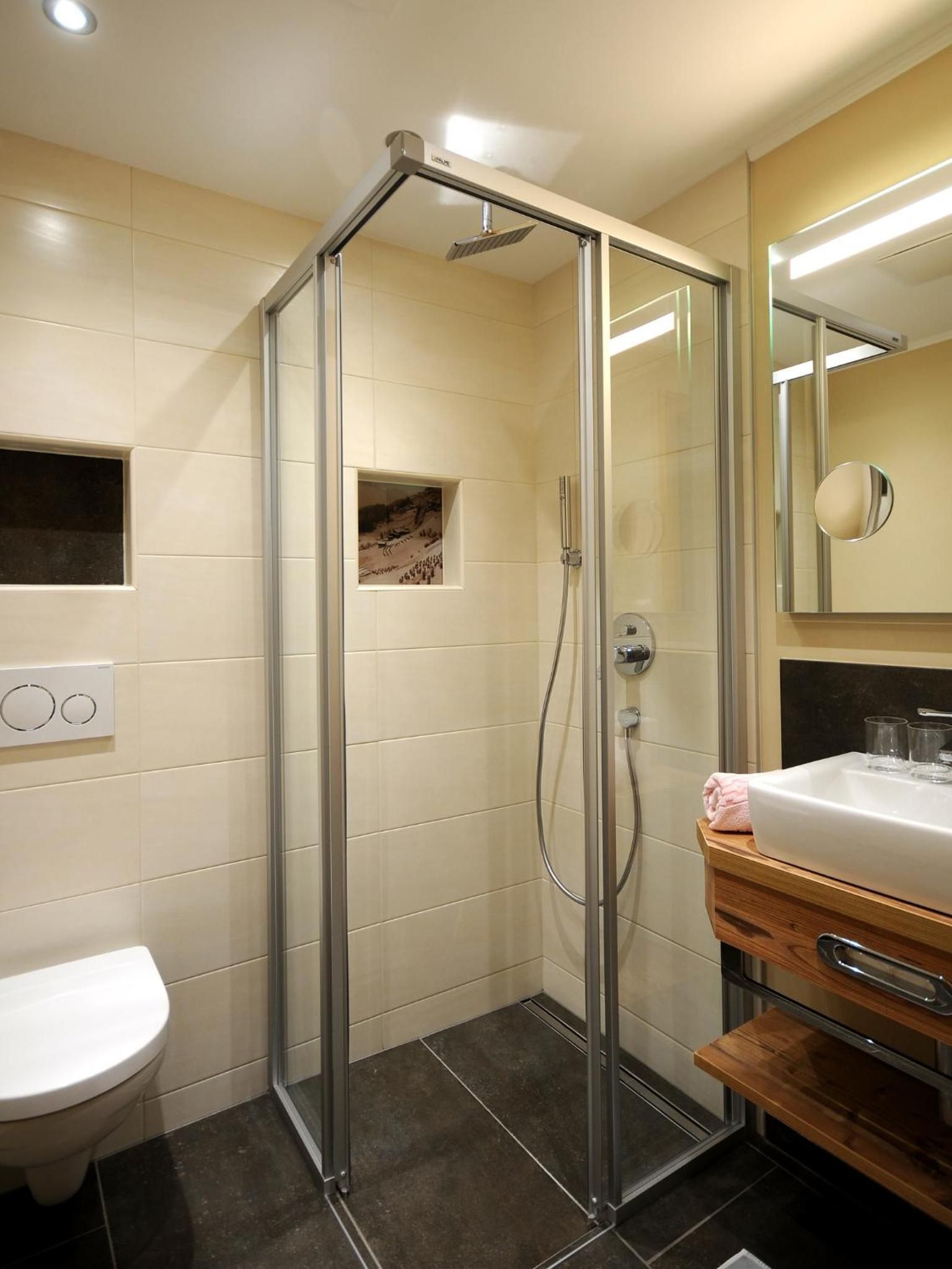 A modern bathroom with a glass shower enclosure, a toilet, and a vanity with a mirror.