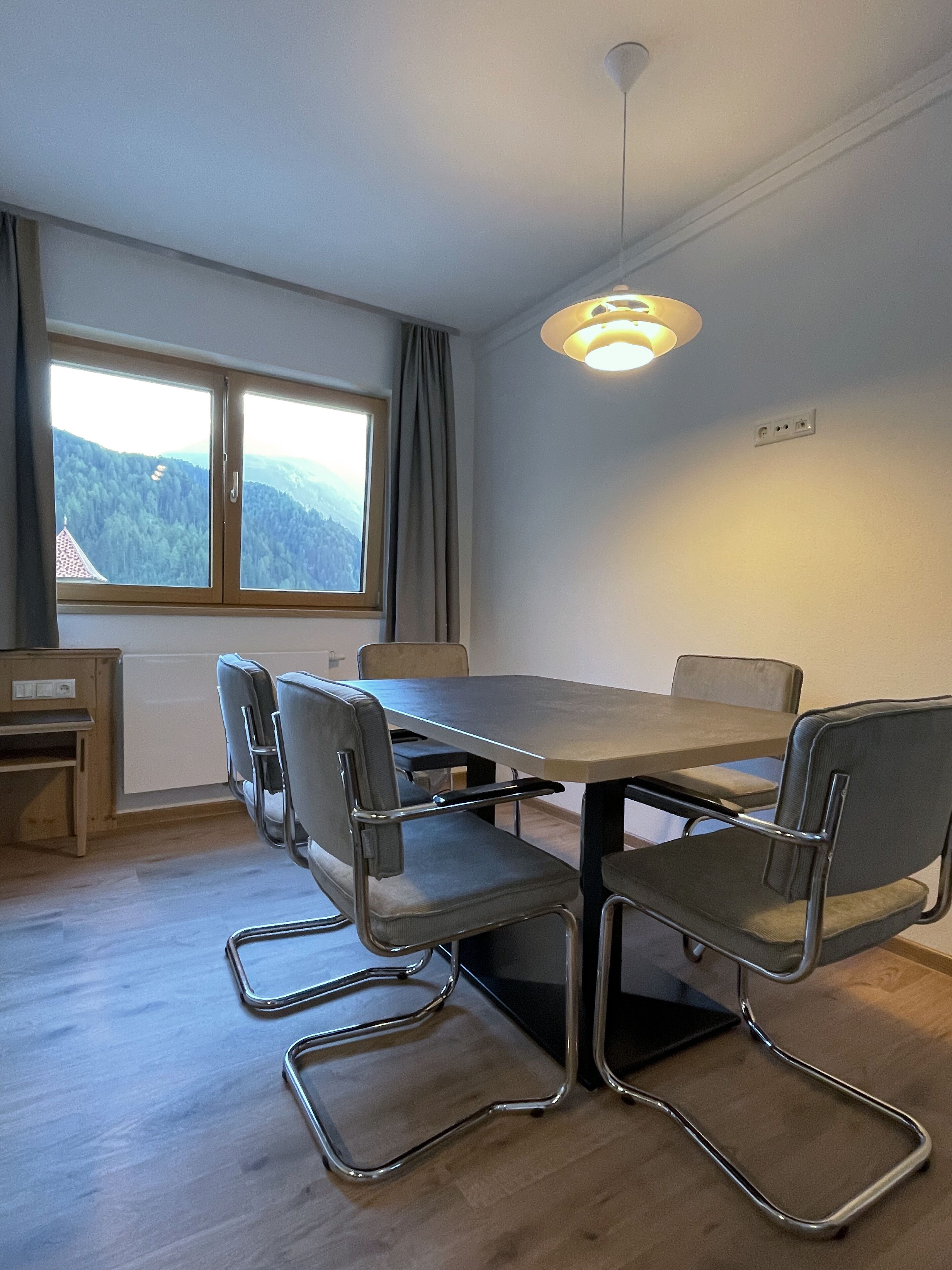 A dining area with a table and four chairs, a window with a view of a forest, and a ceiling light fixture.