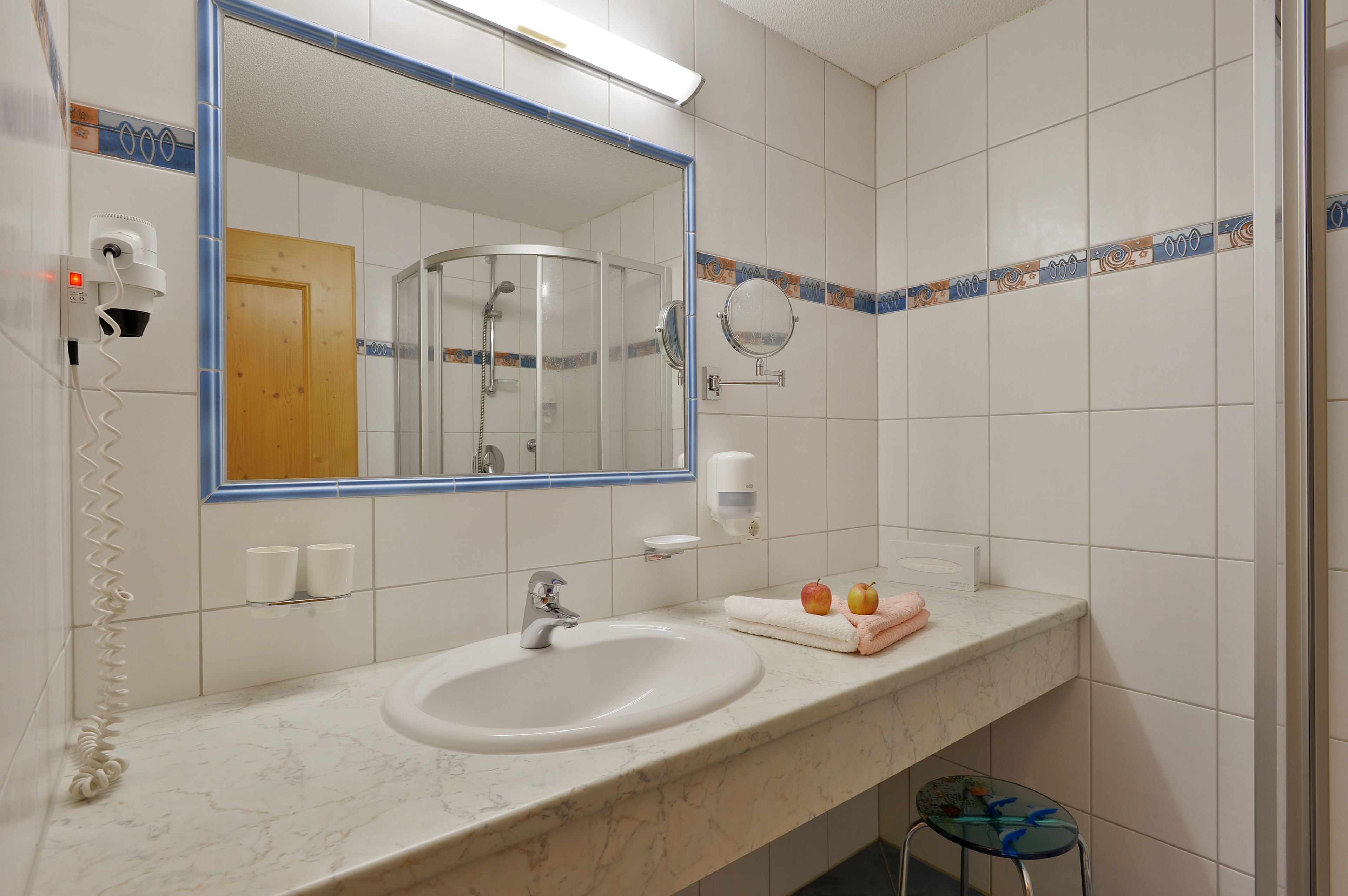 shower, hair dryer, bathrobes, towels