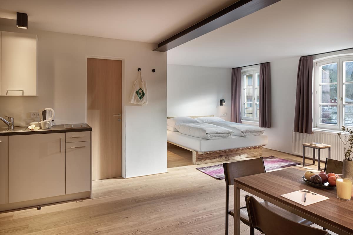 Camera doppia (Kitchenette) | Biancheria da letto di alta qualità, copriletto in piuma
