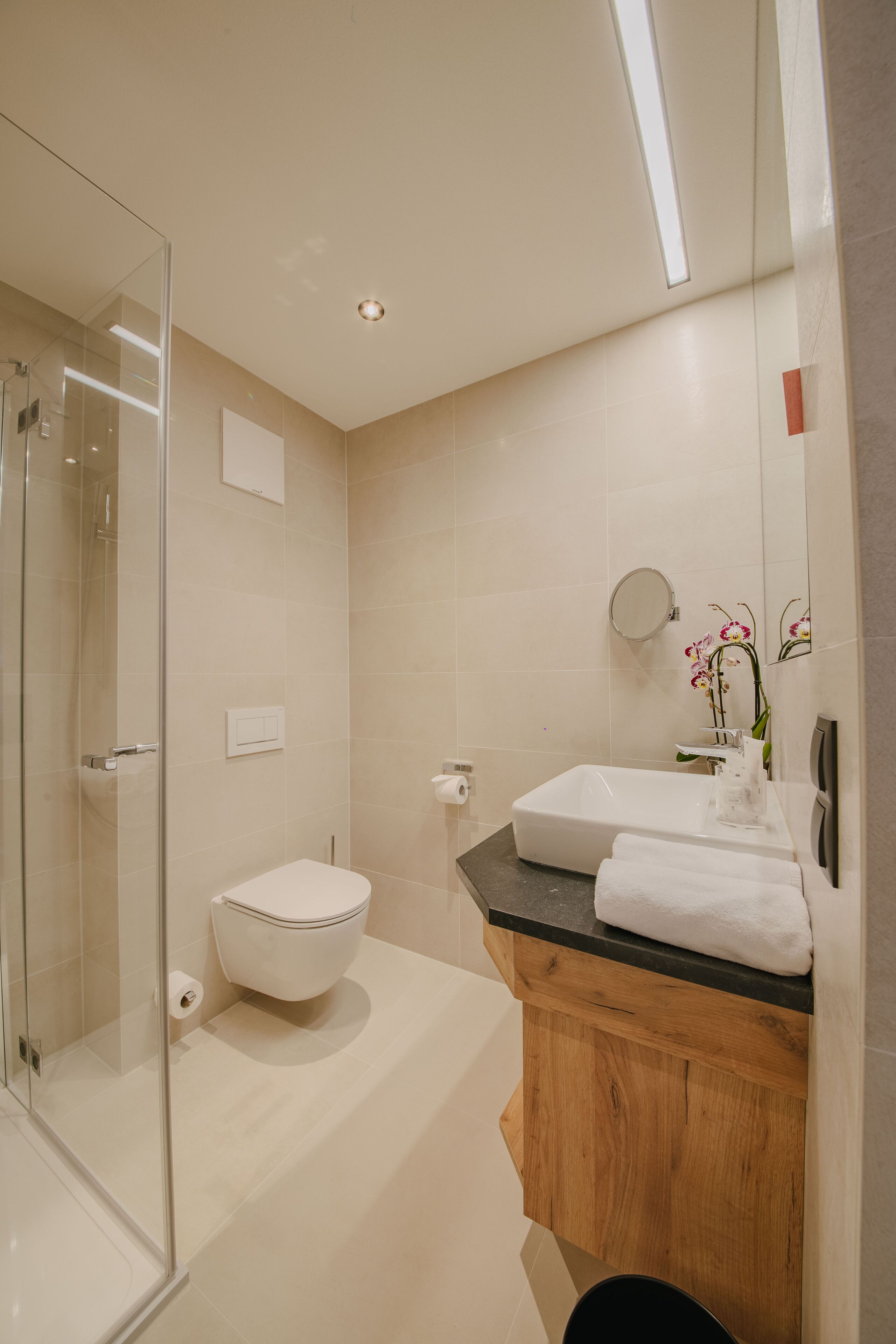 A modern bathroom with a glass shower enclosure, a white toilet, a wooden vanity with a black countertop, and a mirror.