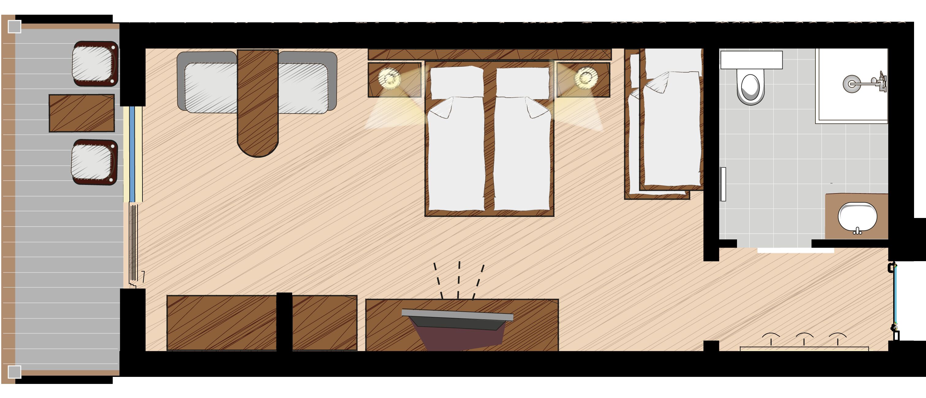 A hotel room layout with a bed, two bedside tables, a desk, a chair, a bathroom with a toilet, sink, and bathtub.