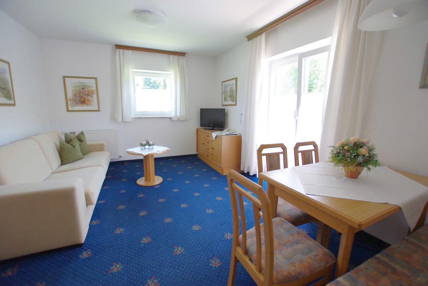 A room with a sofa, a small round table, a TV, a wooden cabinet, a dining table with chairs, and a potted plant.