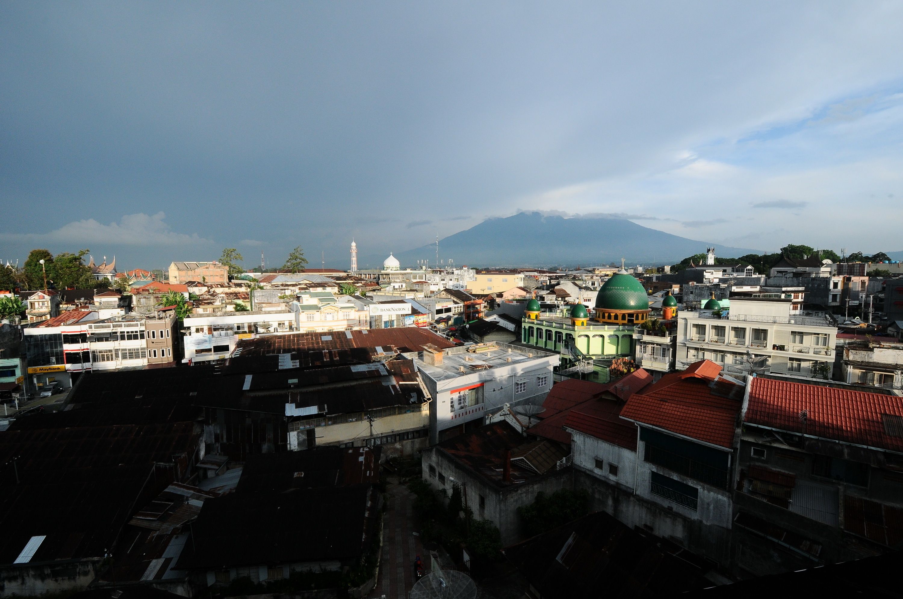 Un paisaje urbano con varios edificios, incluyendo una estructura prominente con cúpula verde y una cúpula blanca.