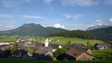 Ein ländliches Dorf mit einer markanten Kirche, umgeben von grünen Feldern und Bergen im Hintergrund.