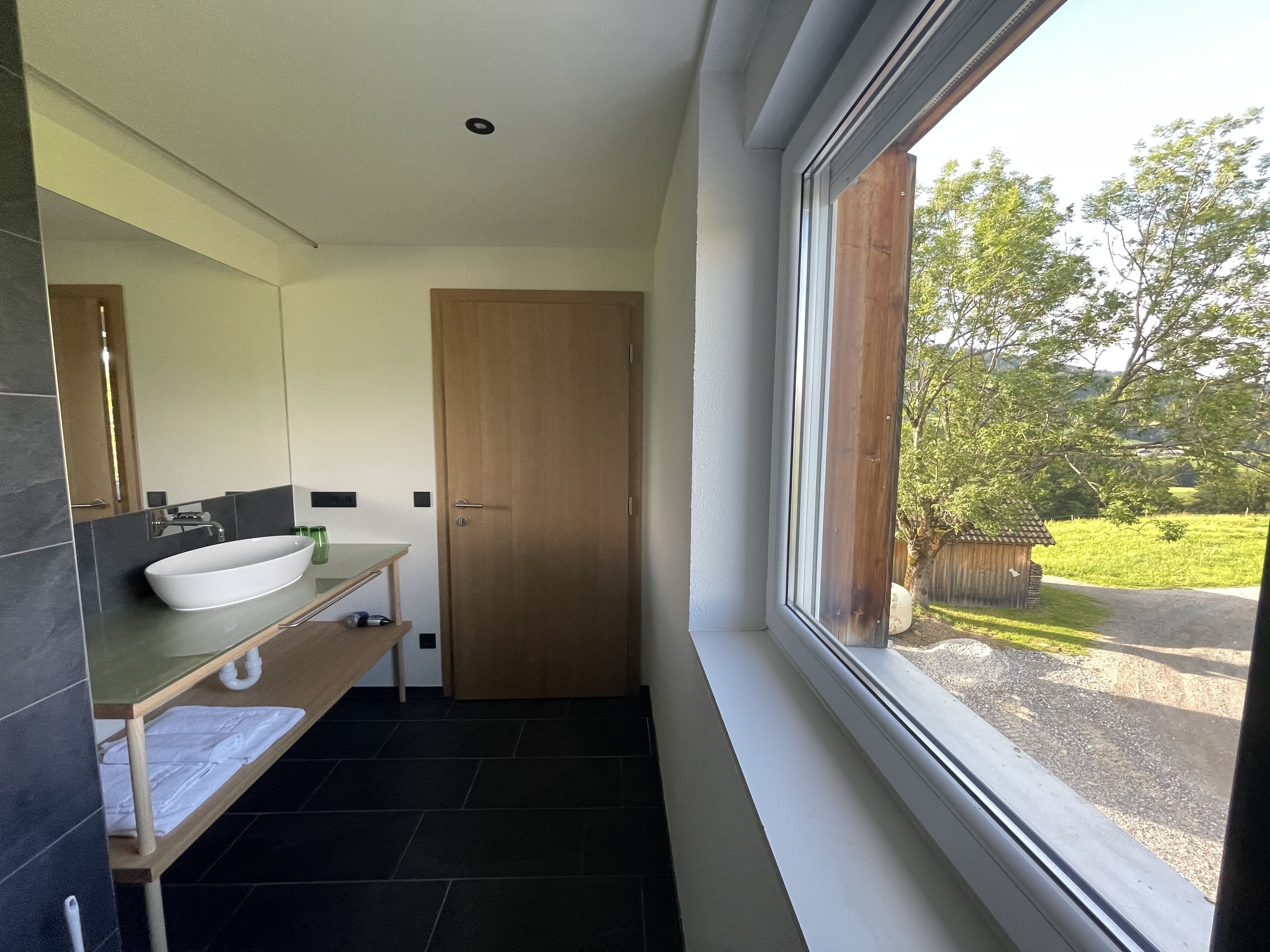 Un baño moderno con un ventanal grande, una puerta de madera y un lavabo blanco.