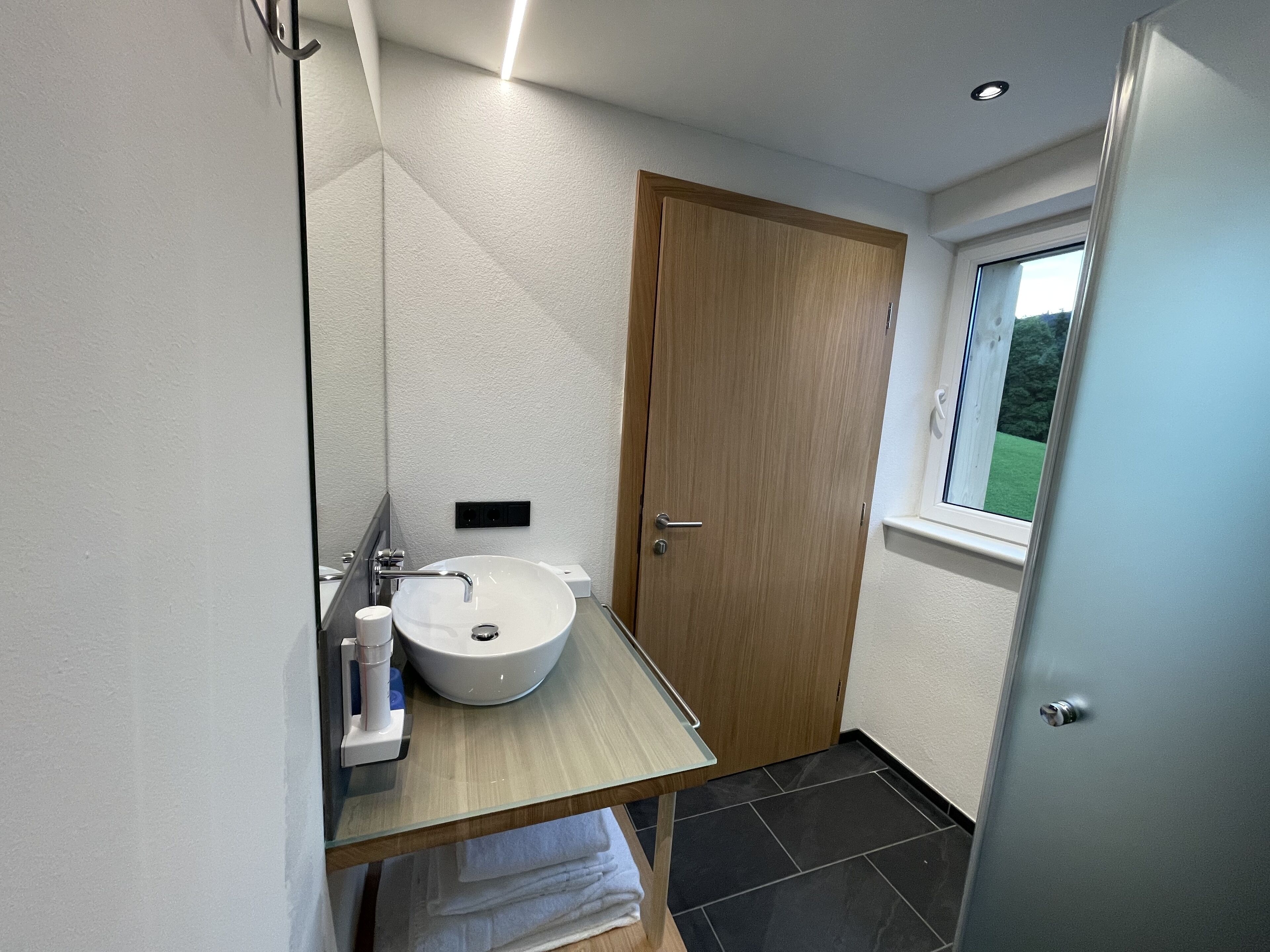 Un baño moderno con puerta de madera, lavamanos de cristal y ventana con vistas a la vegetación.