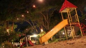 A playground with a slide and a climbing structure at night. - Tanjung Pesona Beach Resort and Spa (Sungai Liat)
