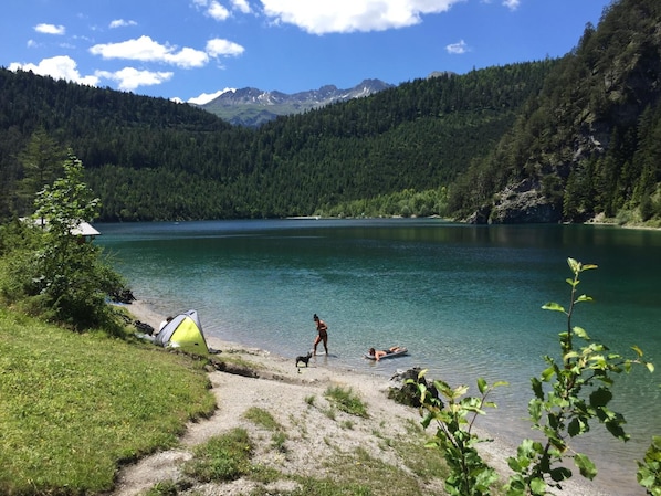 Um lago com uma tenda e uma pessoa passeando com um cachorro perto da margem.