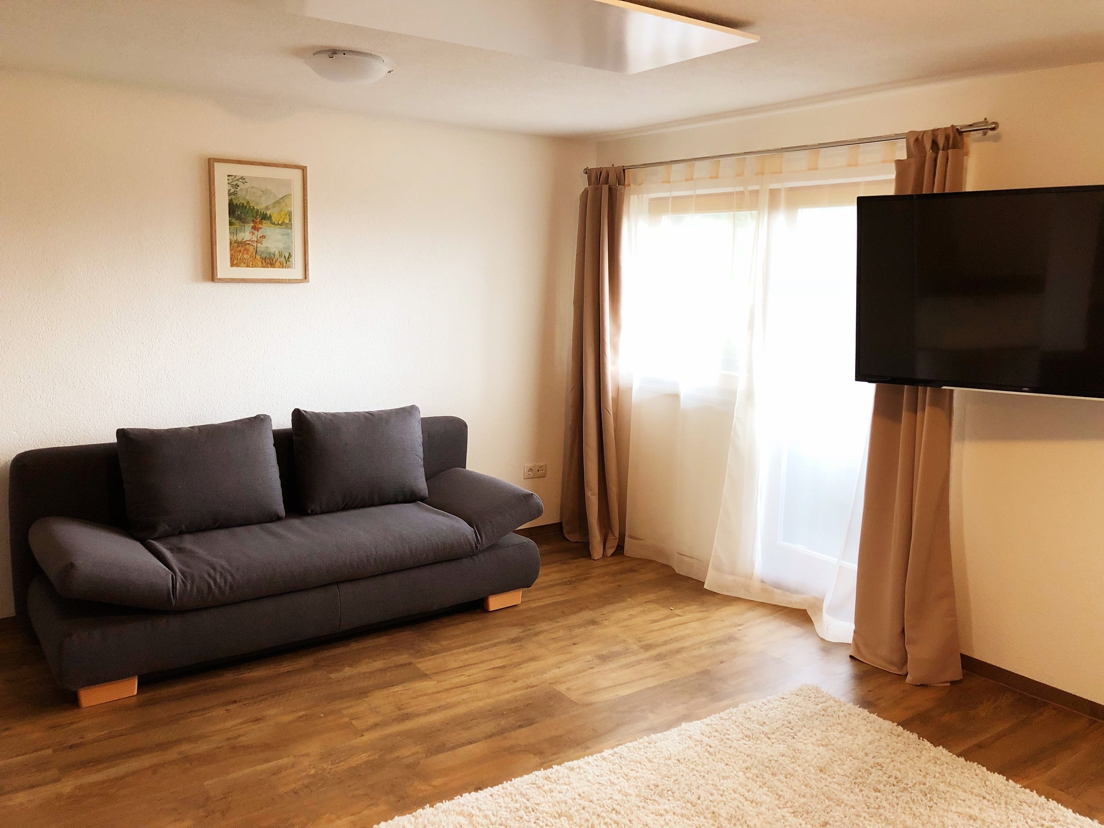 A living room with a sofa, a flat-screen TV, wooden flooring, and a window with curtains.
