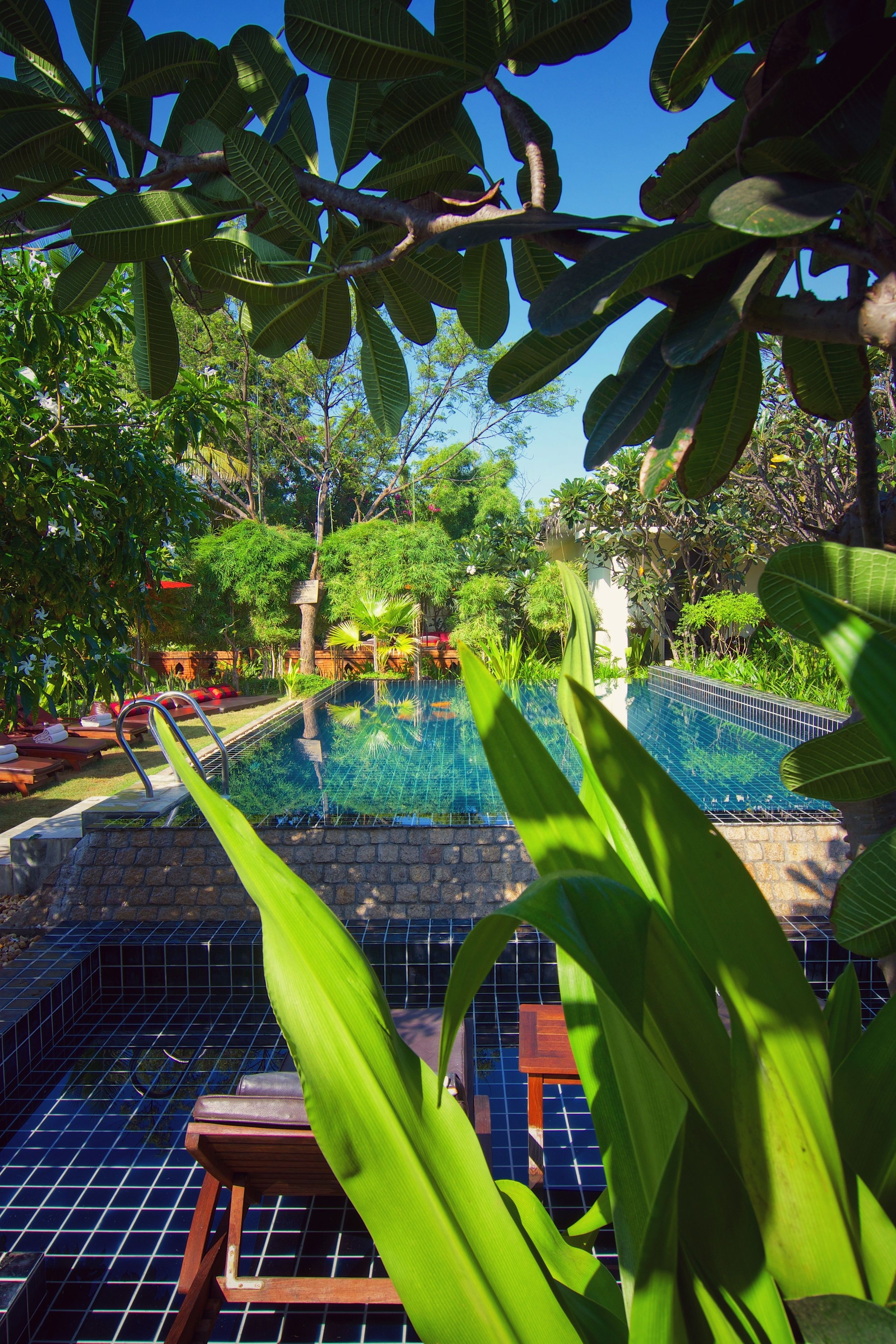 outdoor pool, open 9 am to 8 pm, pool umbrellas, pool loungers