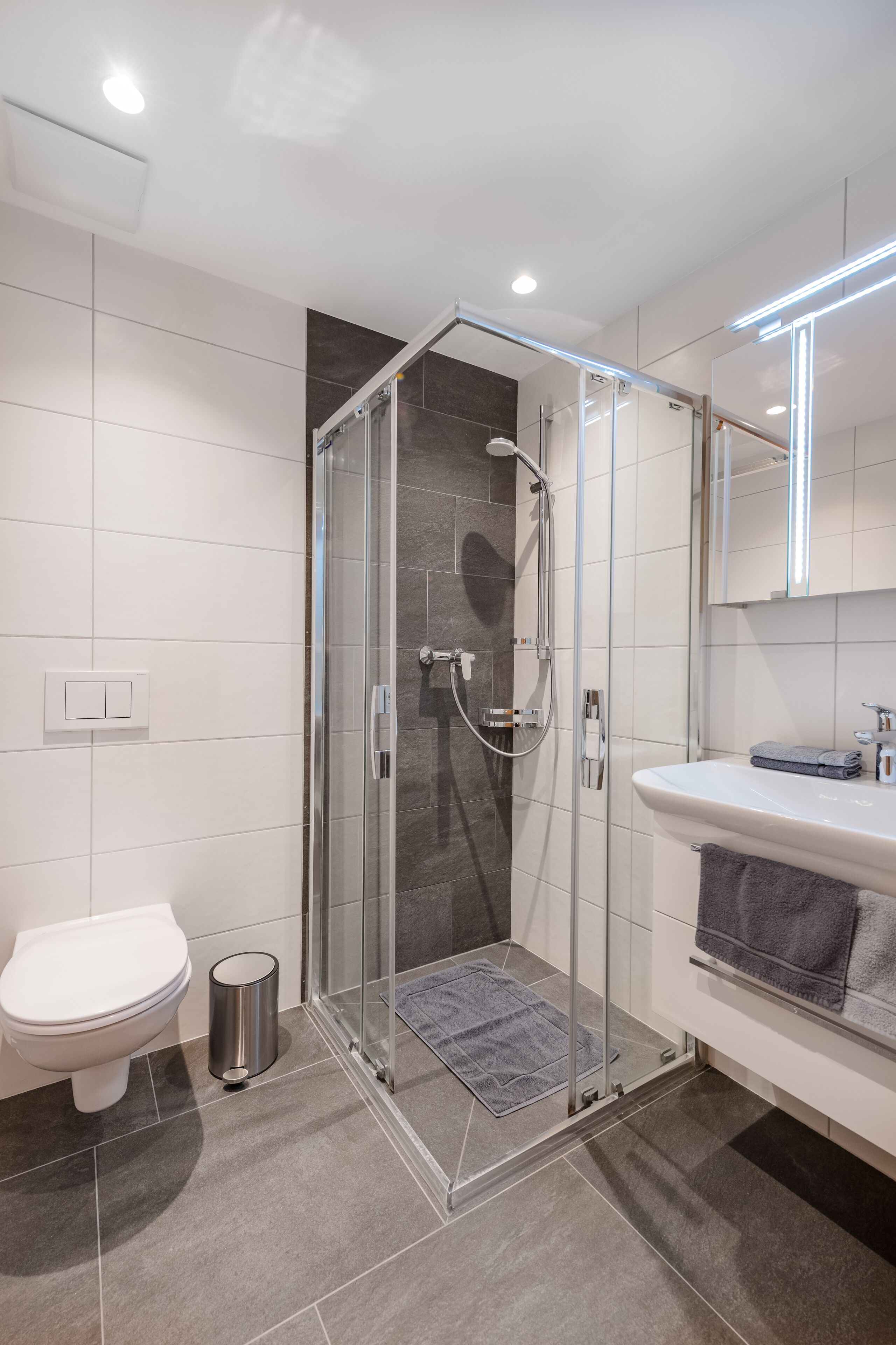 A modern bathroom with a glass-enclosed shower, a white sink, and a mirror above the sink.