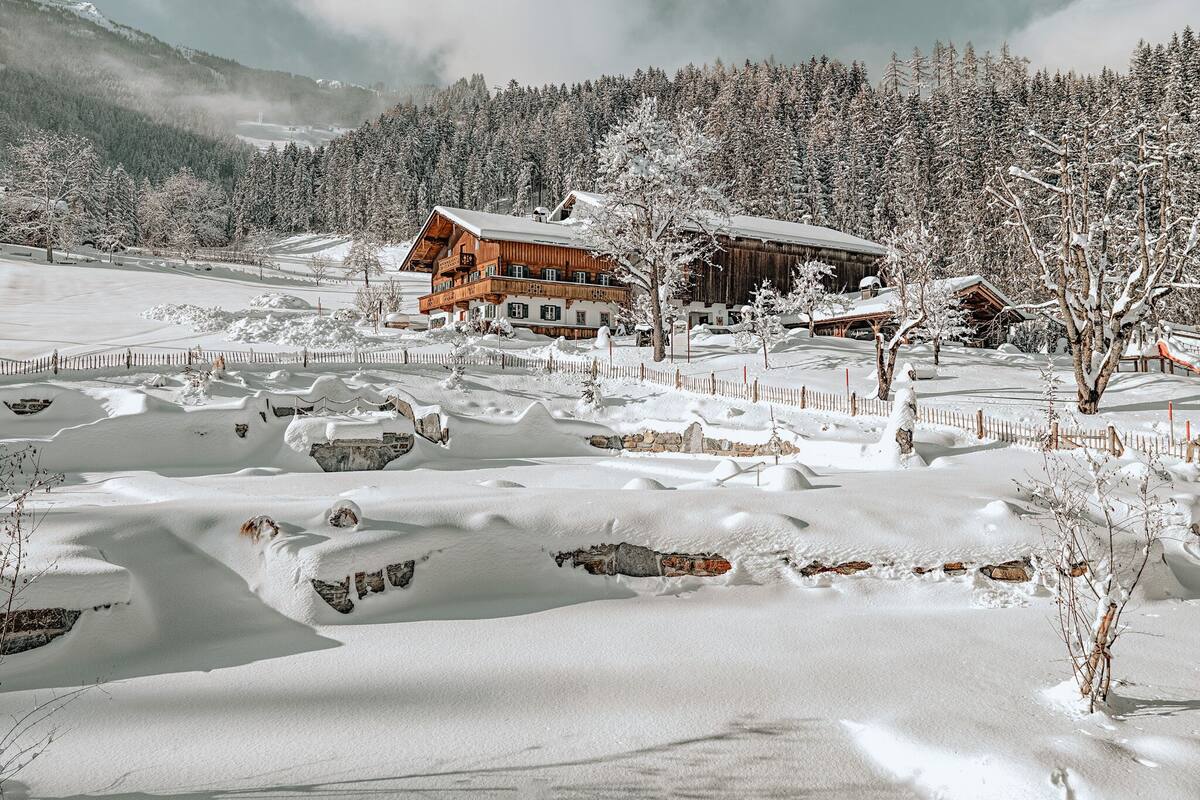 Un paysage enneigé avec un bâtiment de style chalet en bois, entouré d’arbres chargés de neige et d’une zone délimitée par une clôture.
