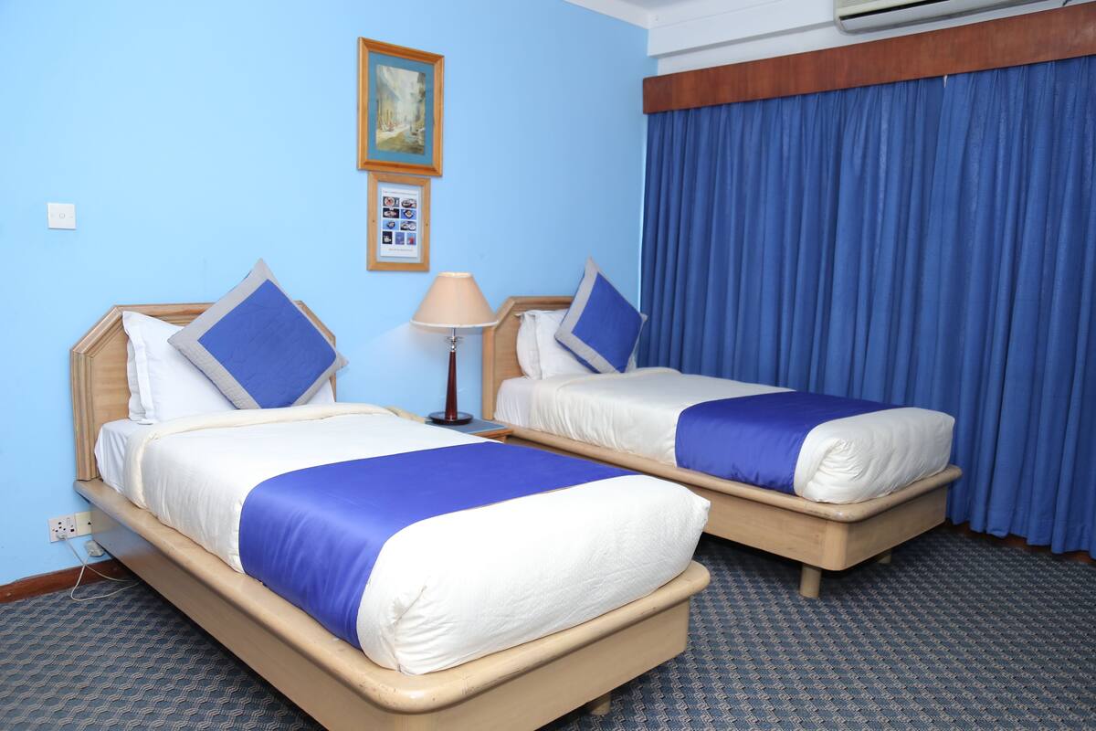 Dos camas individuales con ropa de cama azul y blanca, una lámpara y un cuadro en la pared.