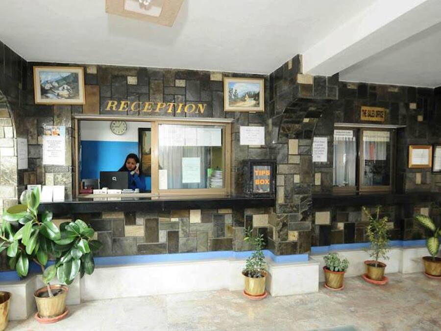 A reception area with a stone wall, a reception desk, and potted plants.