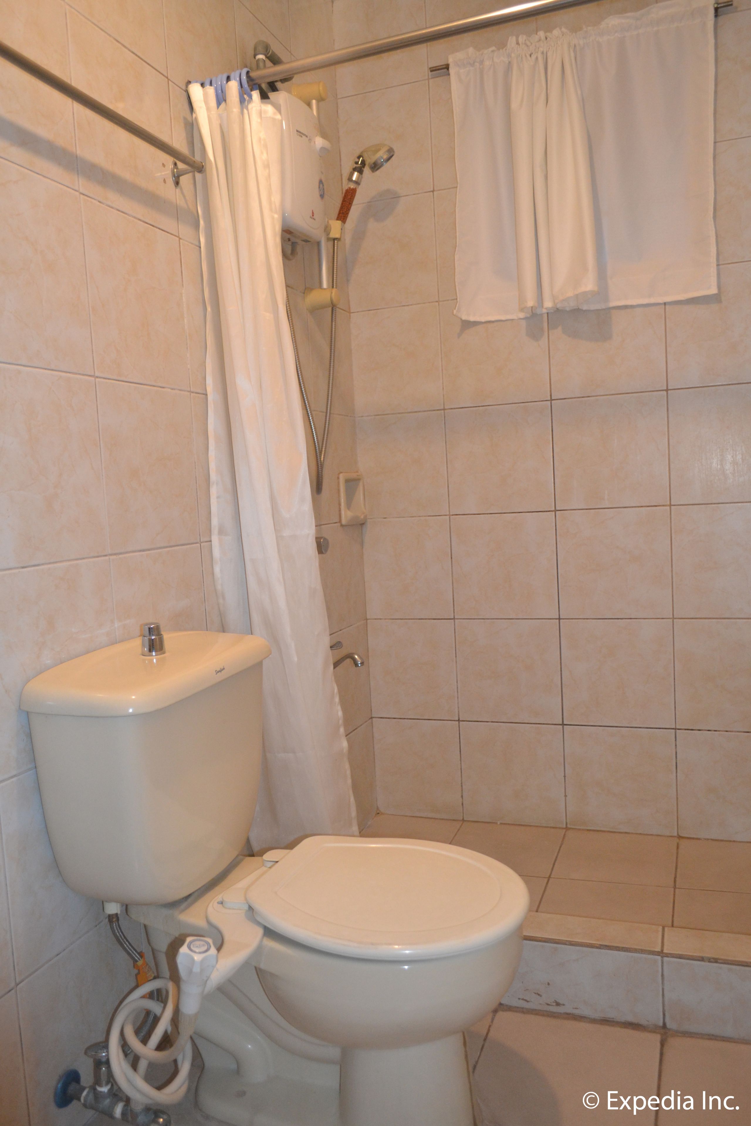 Un baño con inodoro, ducha y toallero.