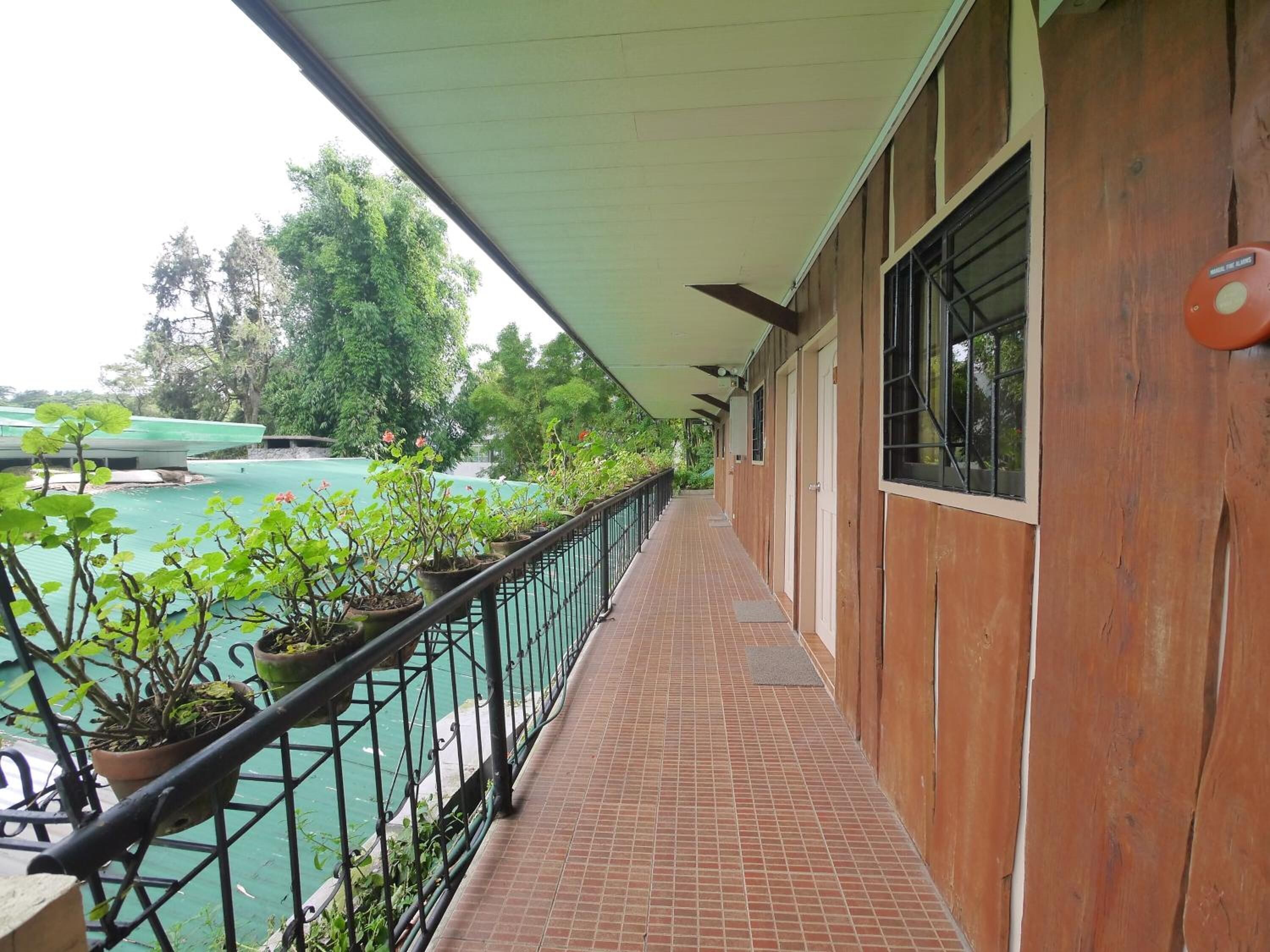 A covered corridor with a tiled floor, potted plants, and a view of a swimming pool.