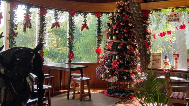 A cozy restaurant interior with a wooden ceiling, a Christmas tree, and a stone wall. - Mountain Lodge (Baguio)