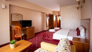 Een hotelkamer met een bed, een bureau met een televisie, een stoel, een klein tafeltje met een plant en een bank.