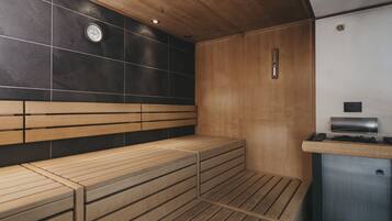A sauna room with wooden benches, a wall-mounted heater, and a control panel.
