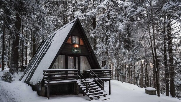 Una cabaña con una escalera empinada que sube a una terraza de madera, rodeada de árboles cubiertos de nieve.