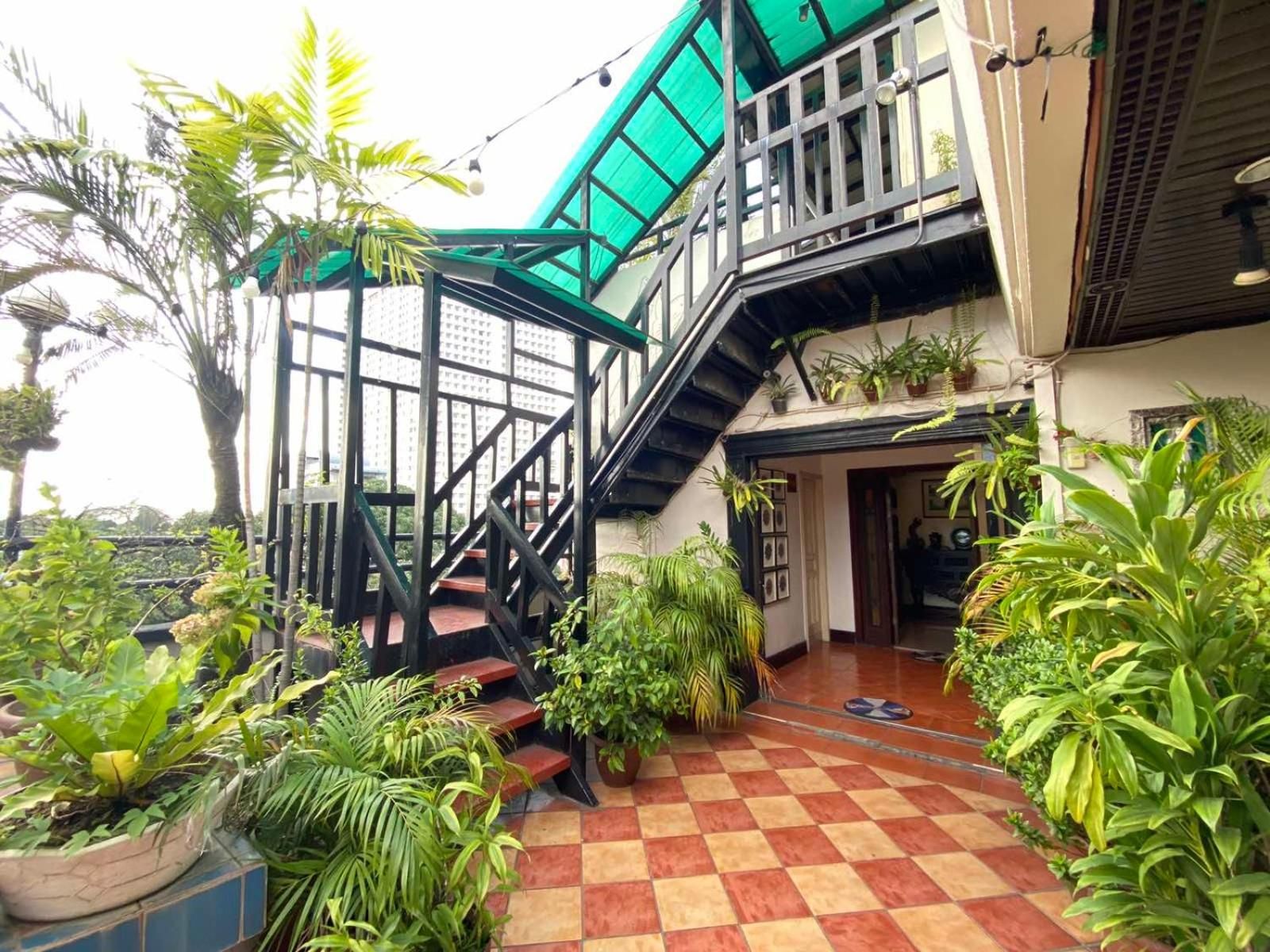 A multi-level outdoor area with a checkered floor, surrounded by various plants and a staircase.