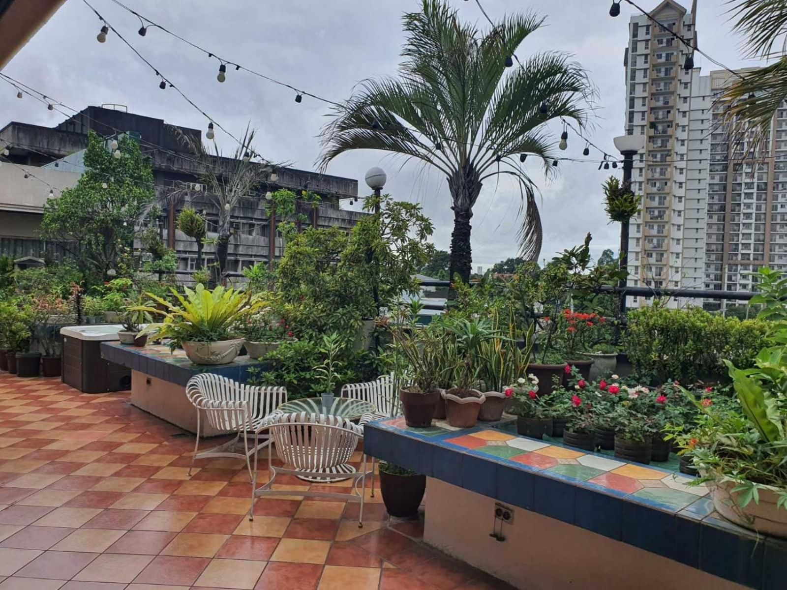 A rooftop garden with potted plants, outdoor furniture, and a view of surrounding buildings.