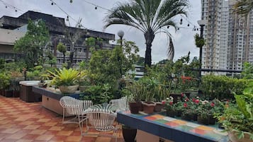 A rooftop garden with potted plants, outdoor furniture, and a view of surrounding buildings.