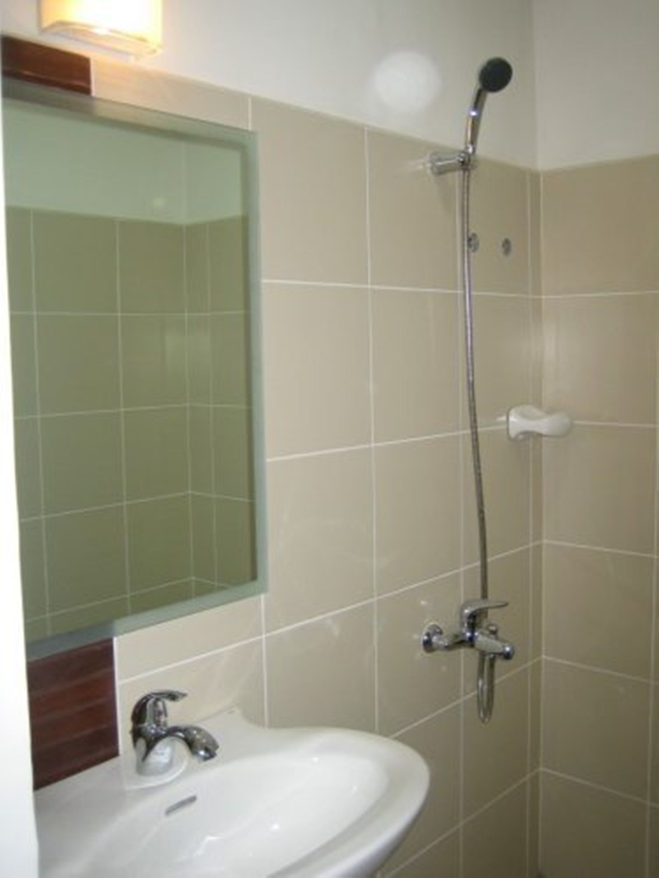 A bathroom with a sink, mirror, and shower.