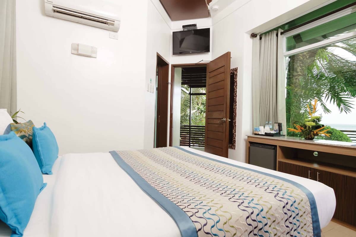 A hotel room with a bed, a TV, a window with curtains, and a desk with a plant.