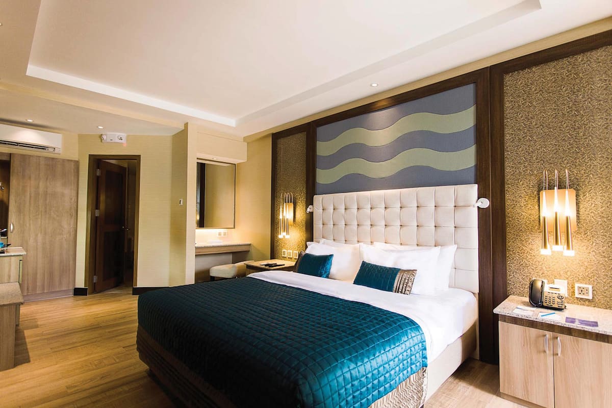 A hotel room with a large bed, a nightstand, a mirror, a wardrobe, and a wall-mounted telephone.