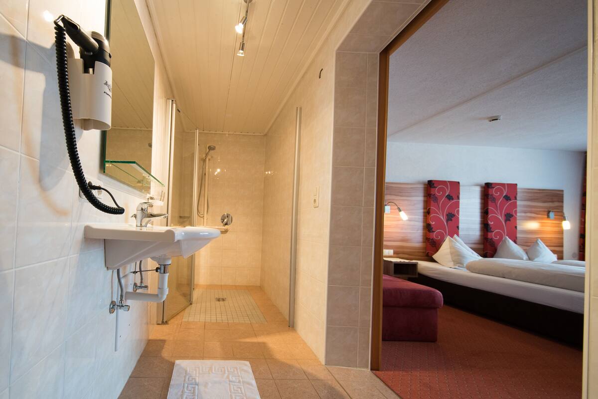 double room, balcony, mountain view | bathroom | shower, hair dryer, towels