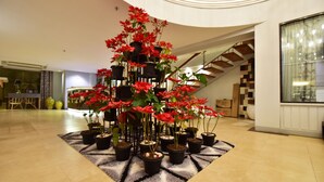 A lobby with a central arrangement of potted plants, a staircase, and a dining area in the background. - Almont City Hotel (Butuan)