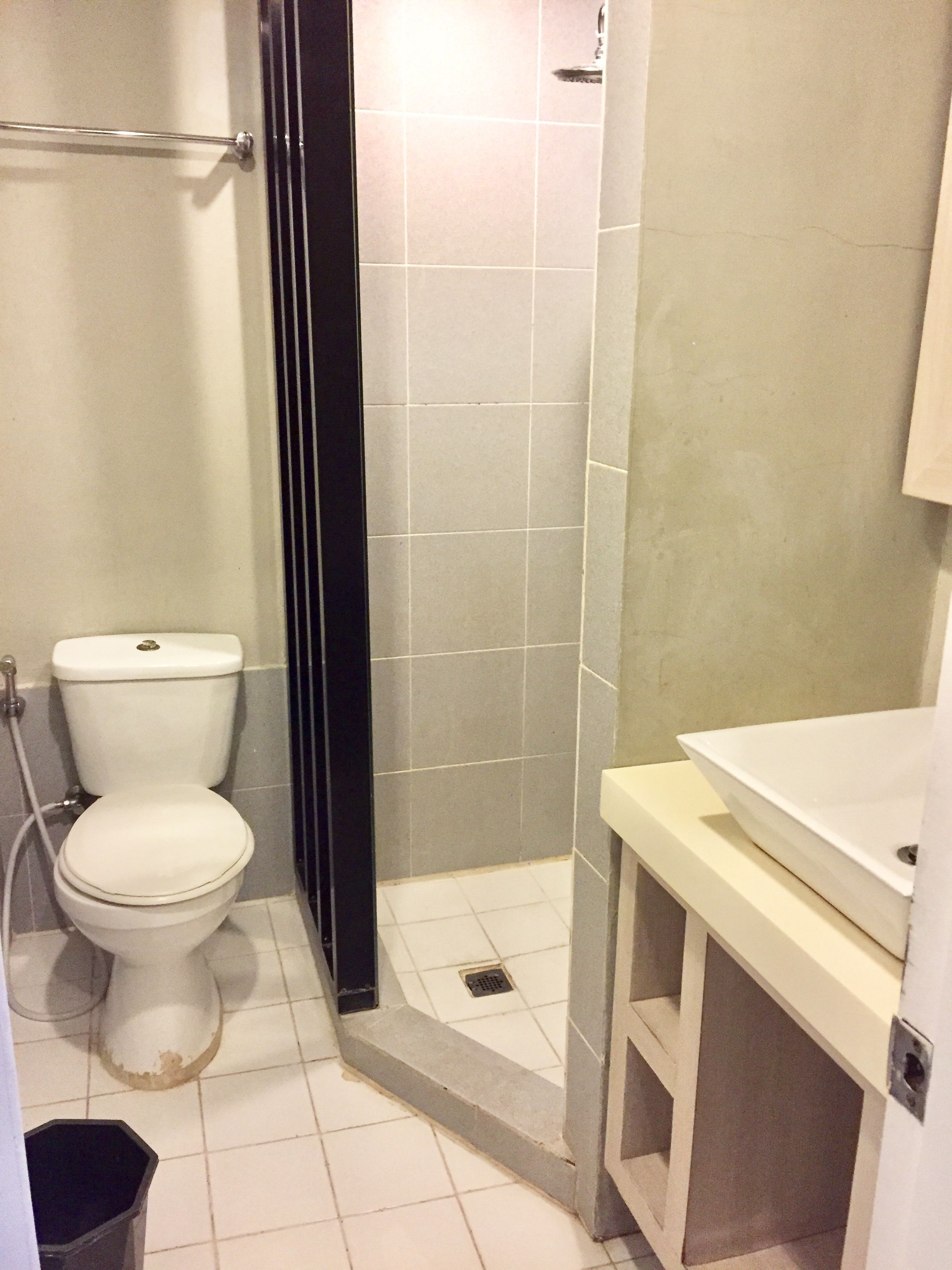 A bathroom with a toilet, a shower, and a sink.
