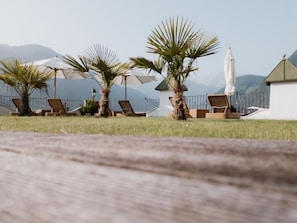 A poolside area with lounge chairs, umbrellas, and palm trees. - Hotel Alpenblick (Schwendau)