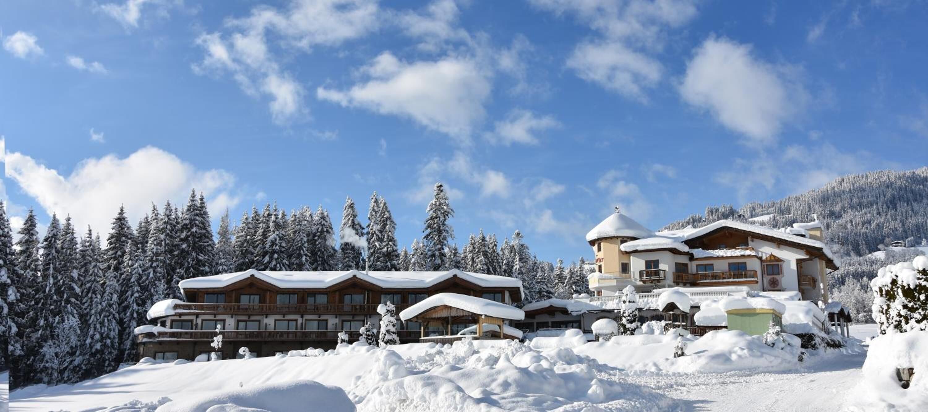 Een met sneeuw bedekte lodge met meerdere gebouwen, omringd door bomen en een heldere lucht.