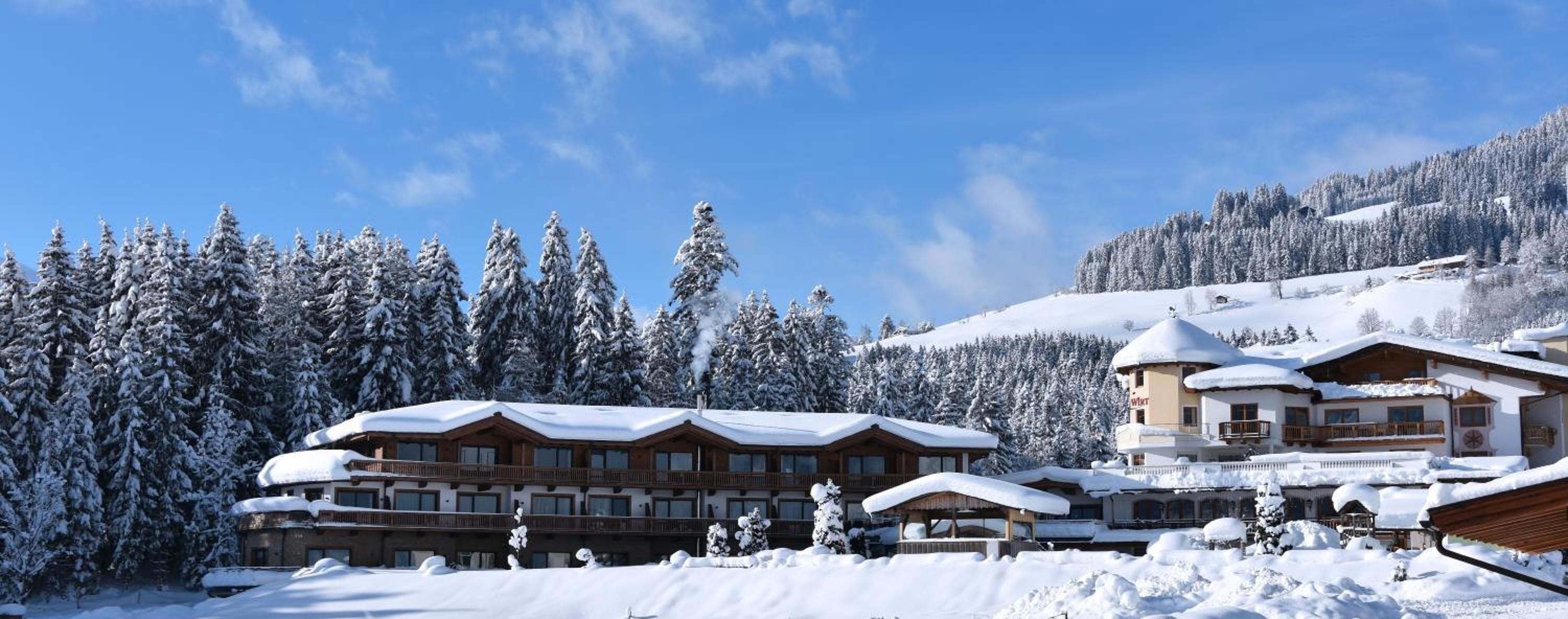 A snow-covered lodge with multiple buildings, including a prominent tower, surrounded by dense forest and a snowy mountain backdrop.