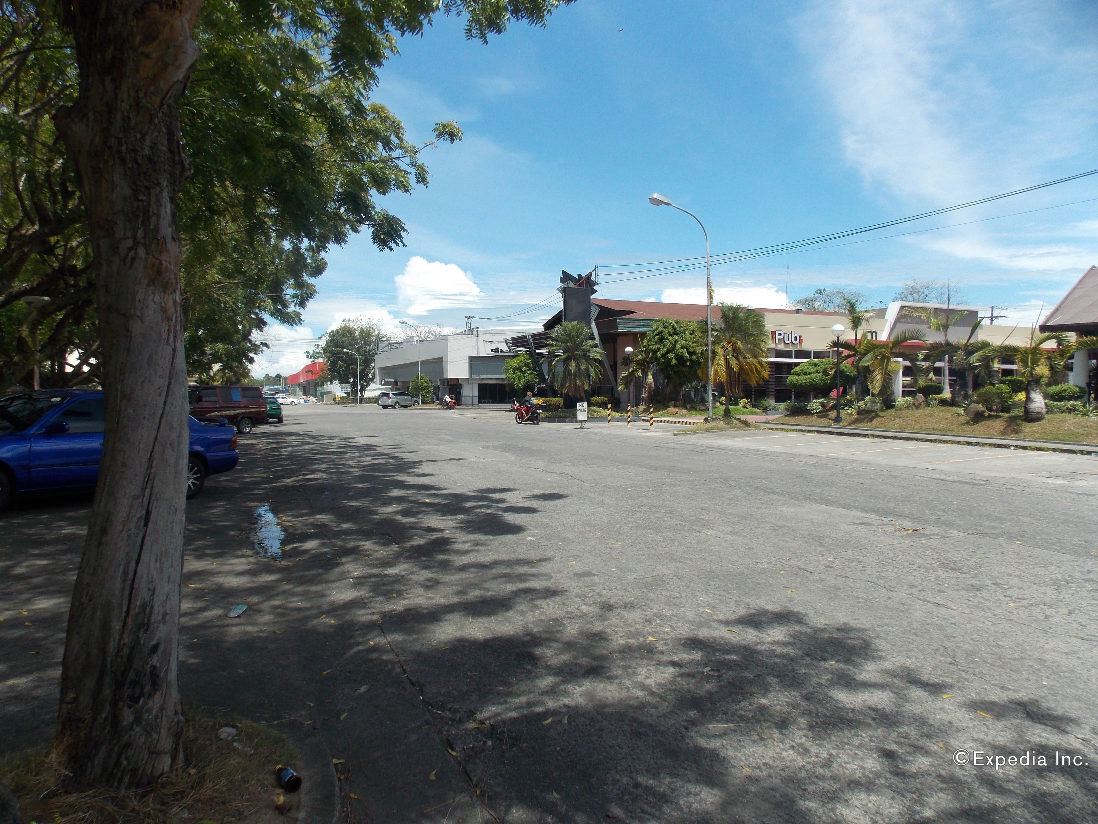 A street with parked cars, a tree, and a building with a sign that says "Pub".