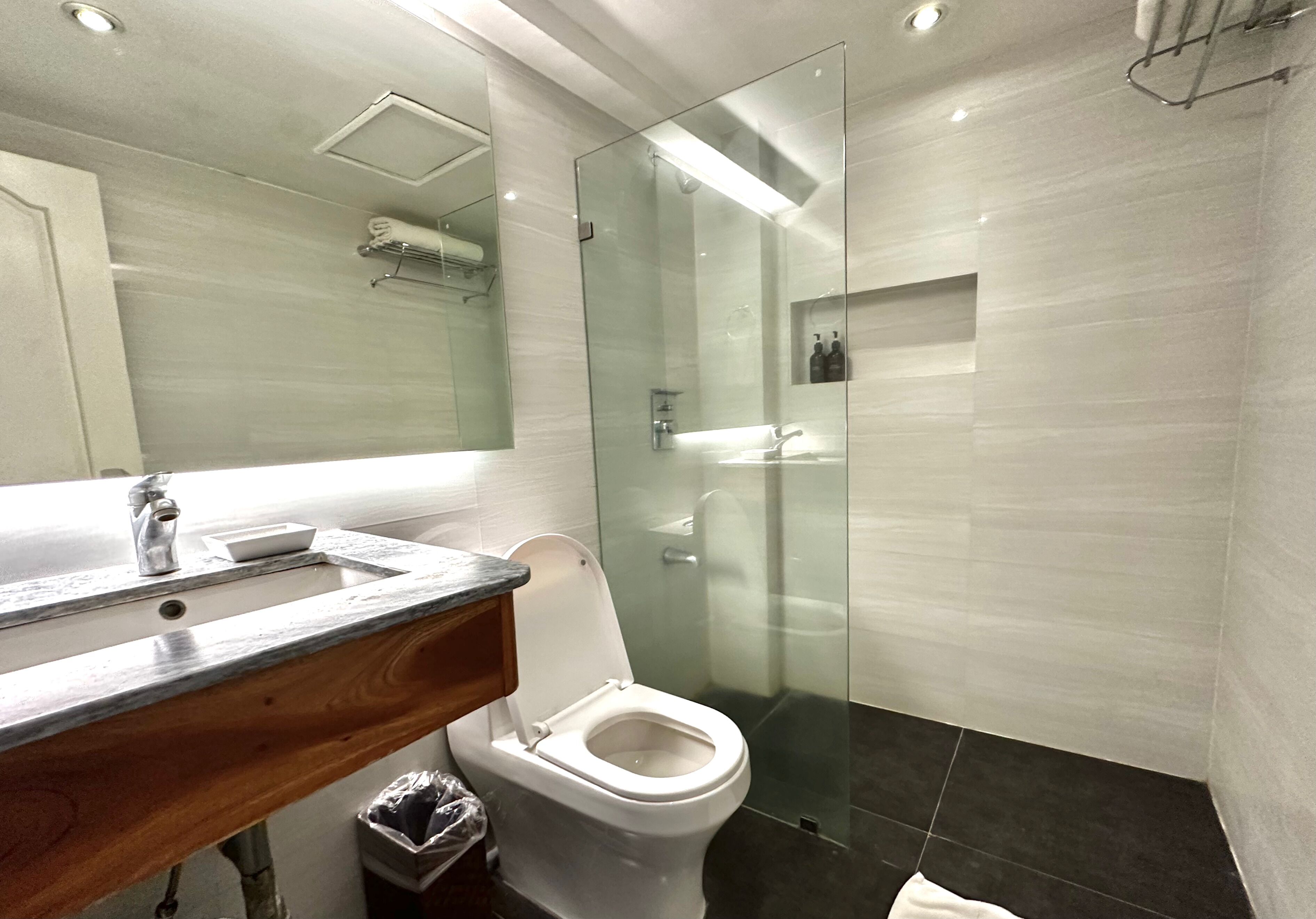 A modern bathroom with a glass-enclosed shower, a wooden vanity, and a toilet.
