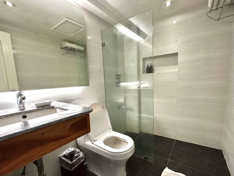 A modern bathroom with a glass-enclosed shower, a wooden vanity, and a toilet.