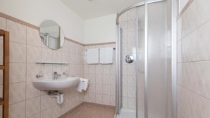 Une salle de bain avec une douche à parois de verre, un lavabo avec un miroir au-dessus et un porte-serviettes avec deux serviettes.