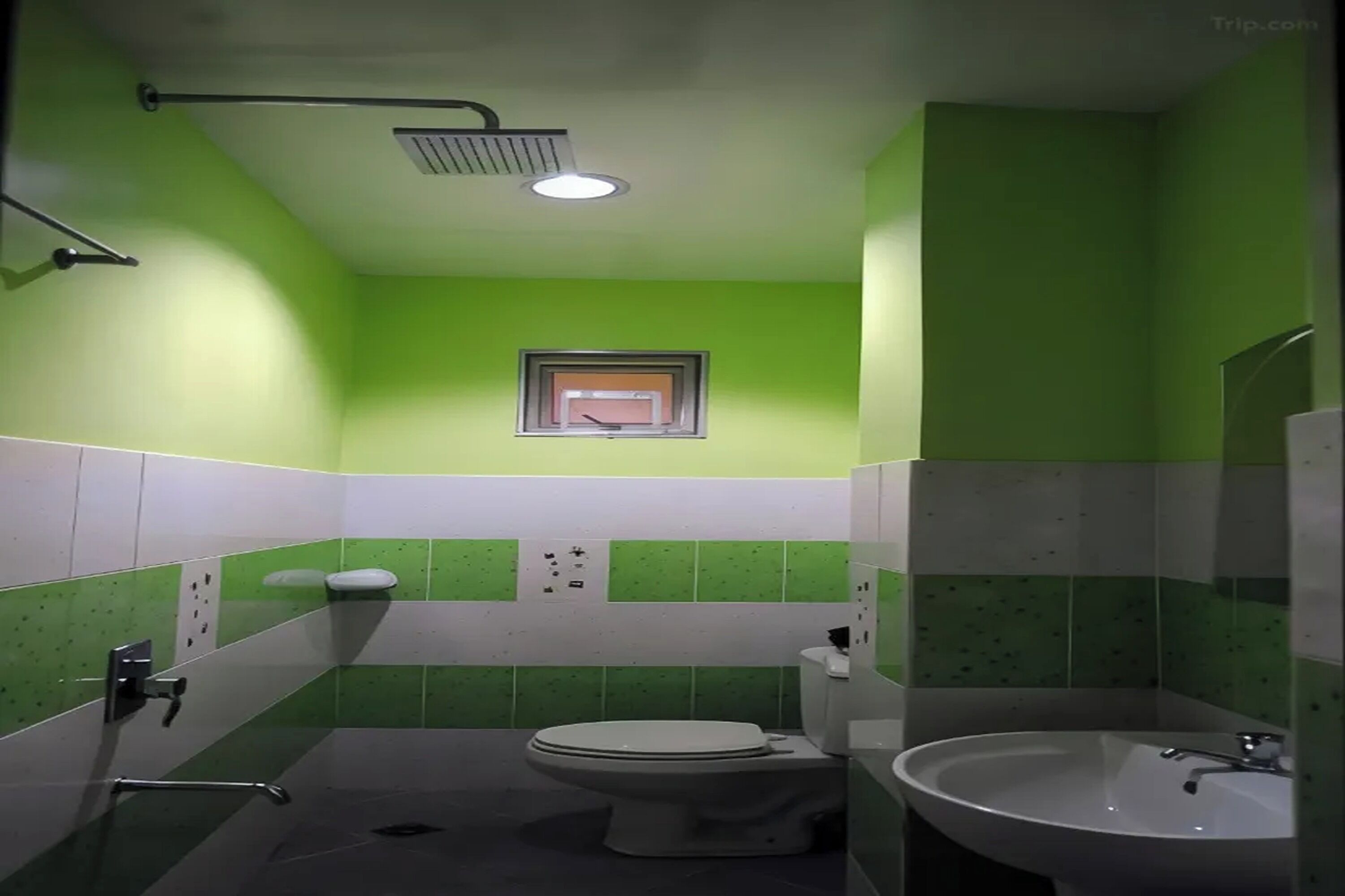 Une salle de bain avec des murs carrelés de carreaux verts et blancs, des toilettes blanches, un lavabo et une douche.