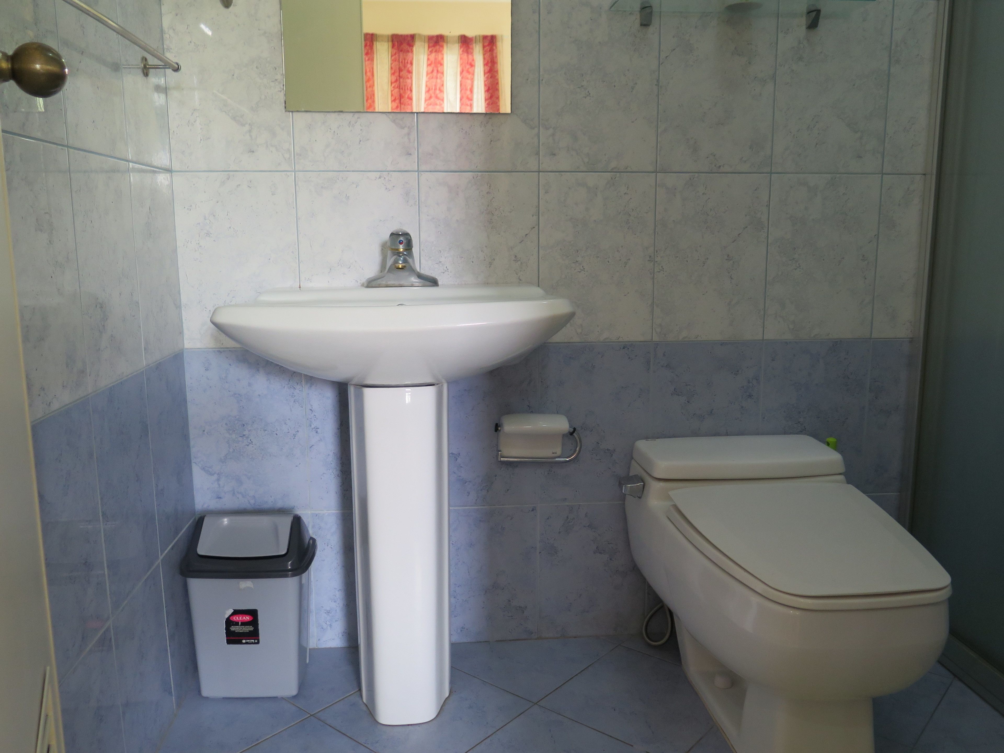 Une salle de bain avec un lavabo blanc, des toilettes et une poubelle.