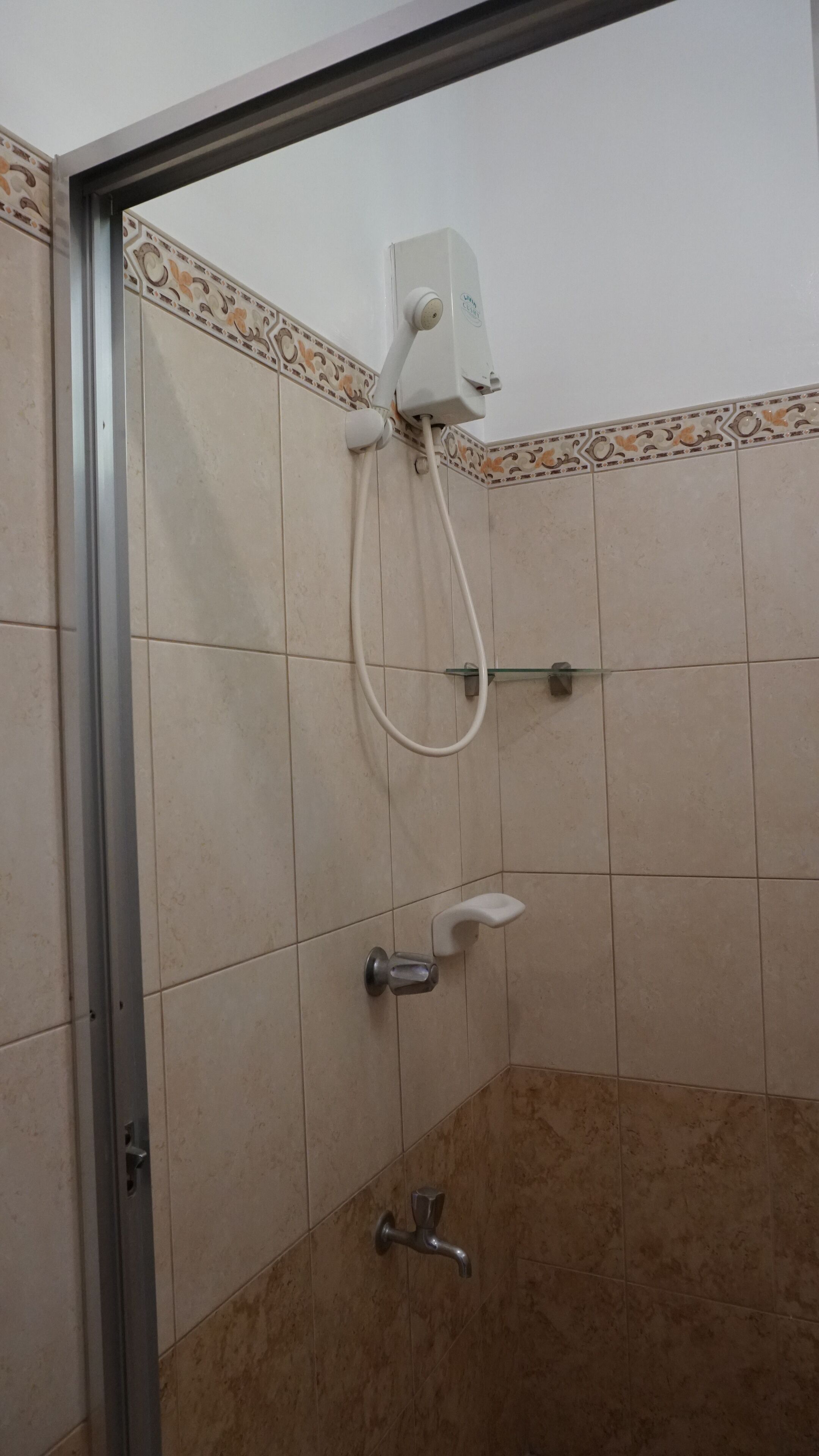 A shower area with a handheld showerhead, a wall-mounted faucet, and a control unit.