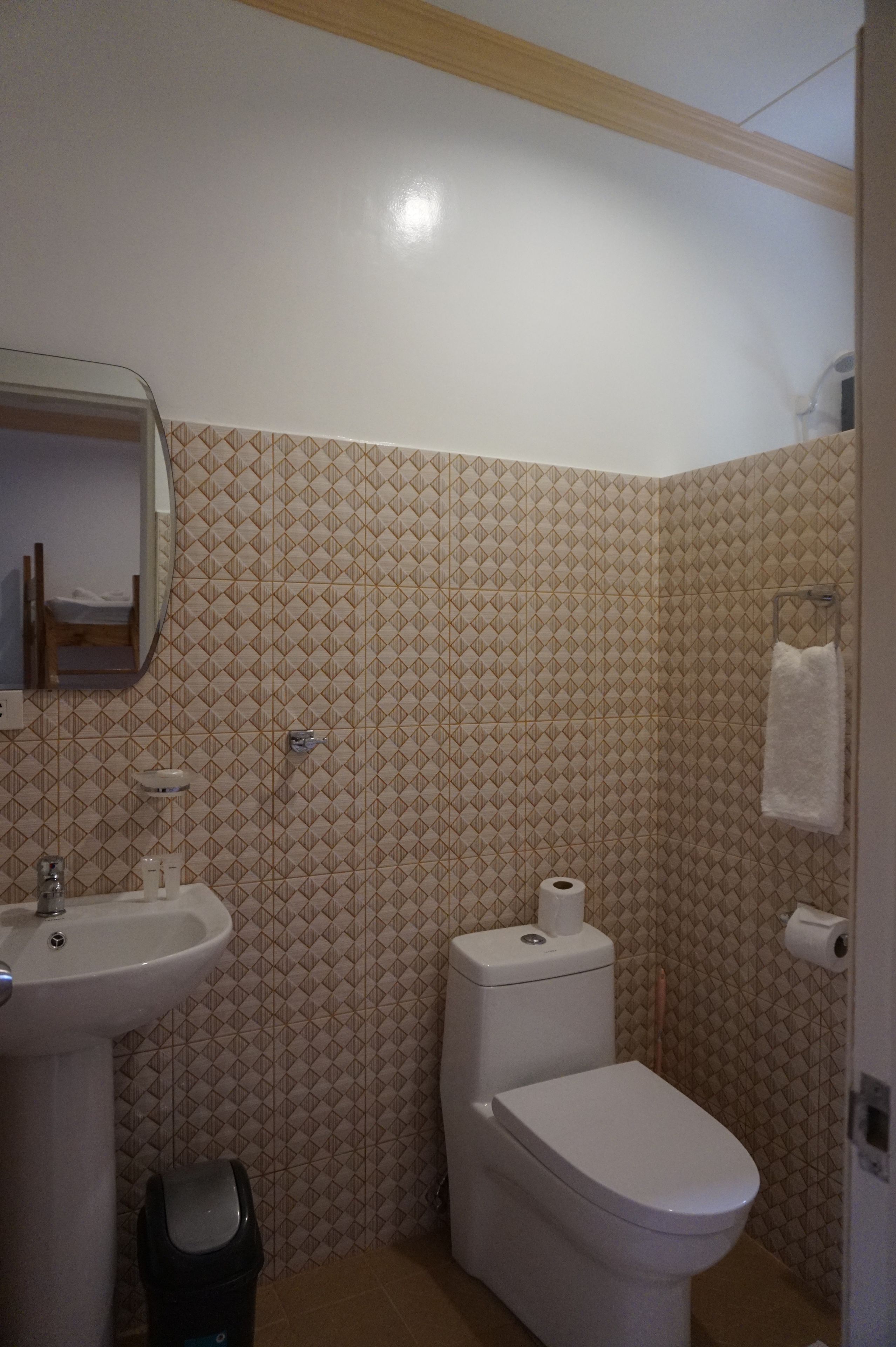 A bathroom with a toilet, sink, and trash bin.