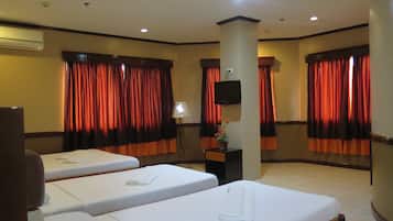 Desk, blackout drapes, rollaway beds (surcharge), WiFi (free)
