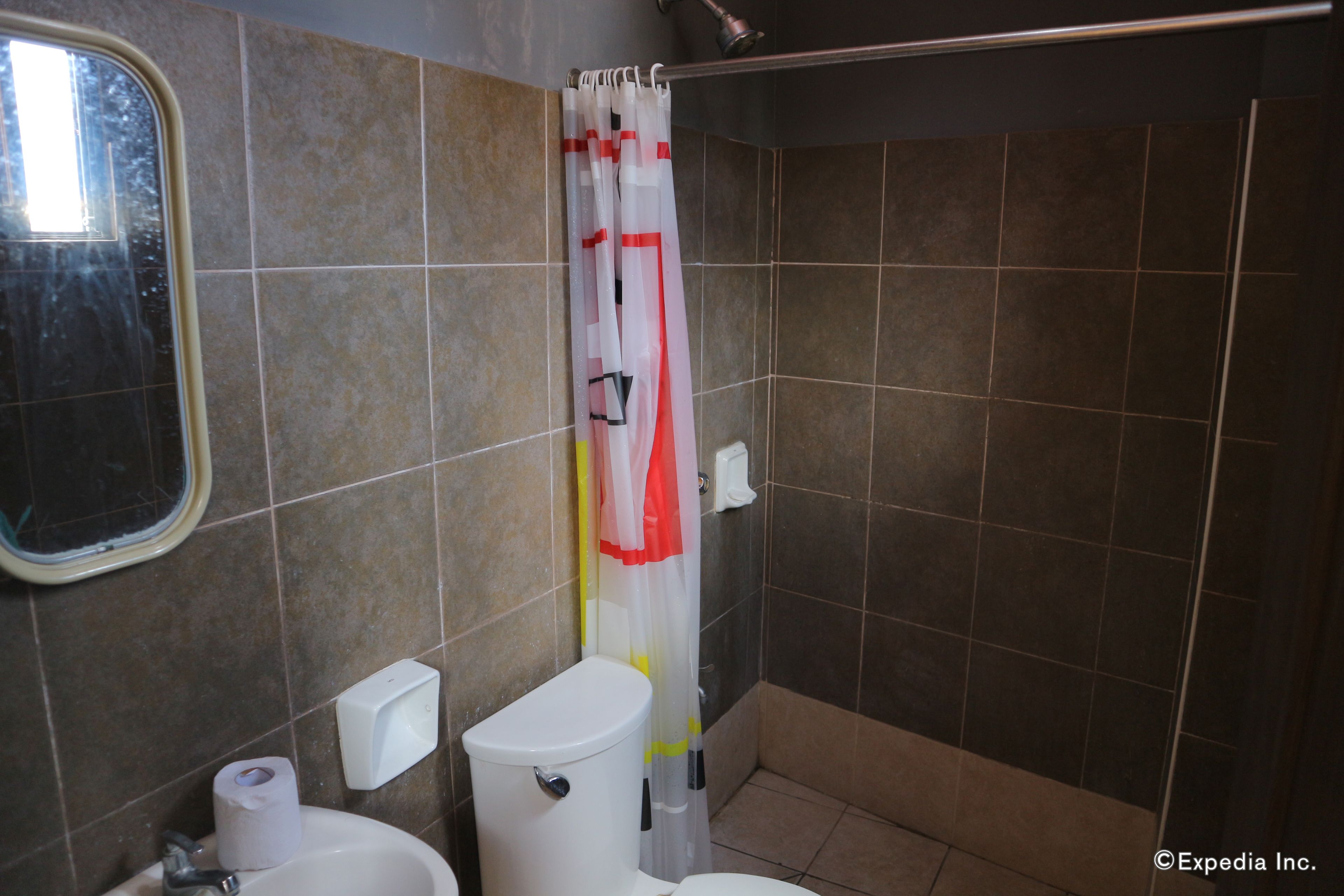 A bathroom with a toilet, a sink, and a shower curtain.