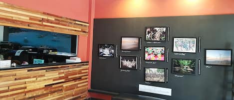 Zona de recepción con un mostrador de madera, una gran pantalla de televisión mostrando una vista panorámica y una pared decorada con cuadros enmarcados.